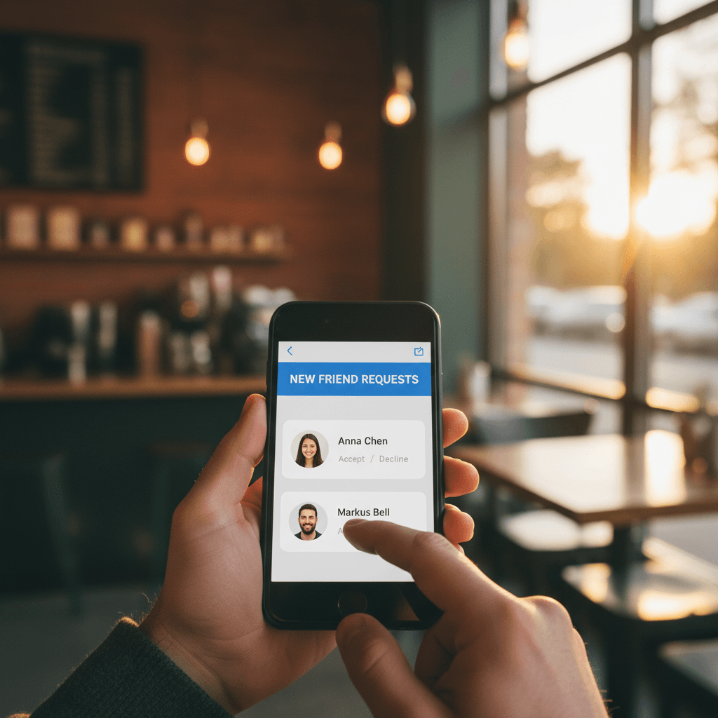 Person holding a phone displaying social media notifications in a coffee shop