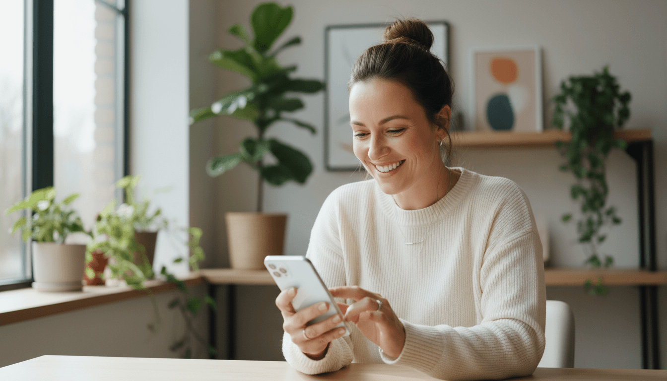 Business owner checking social media updates on their phone in a bright modern office