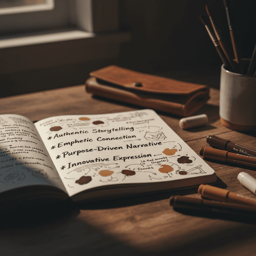Notebook with handwritten brand voice notes and markers on a desk