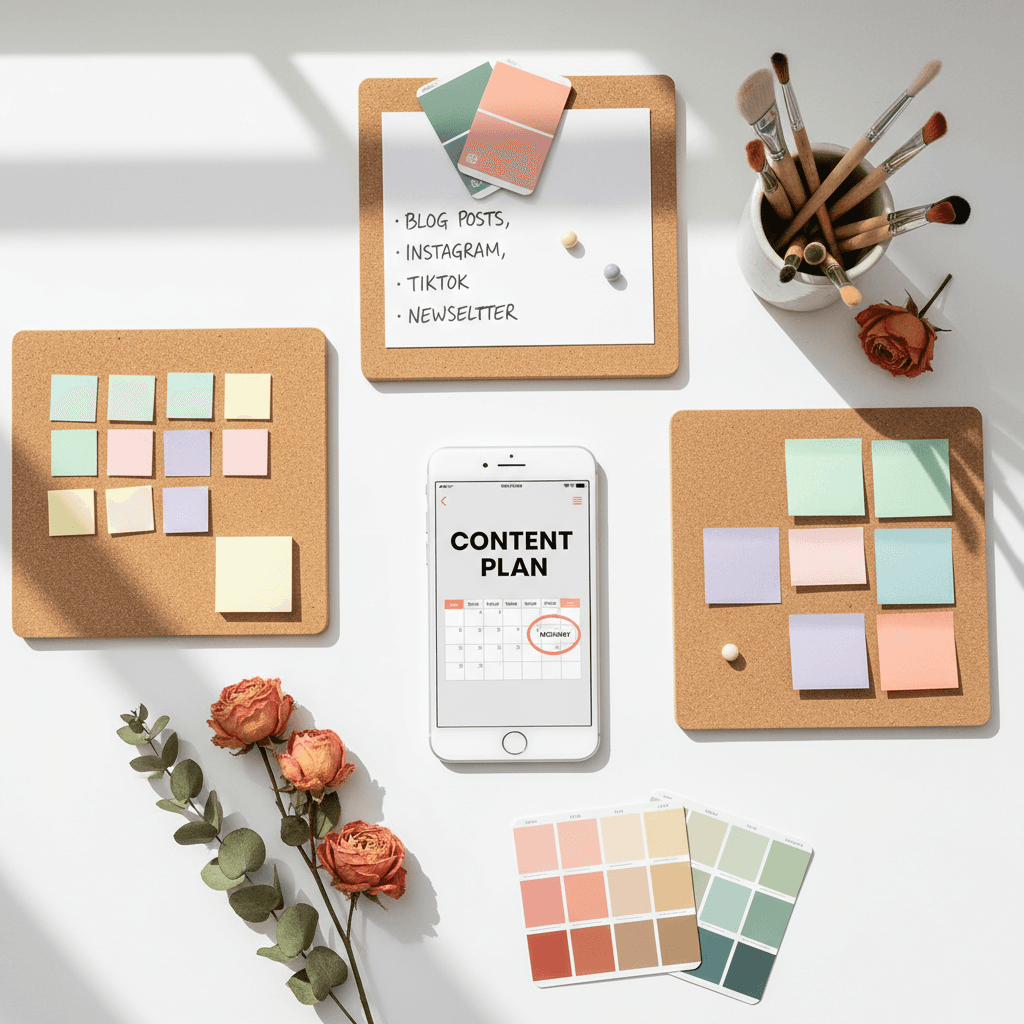 Overhead view of a phone, planning boards, and color swatches on a white desk