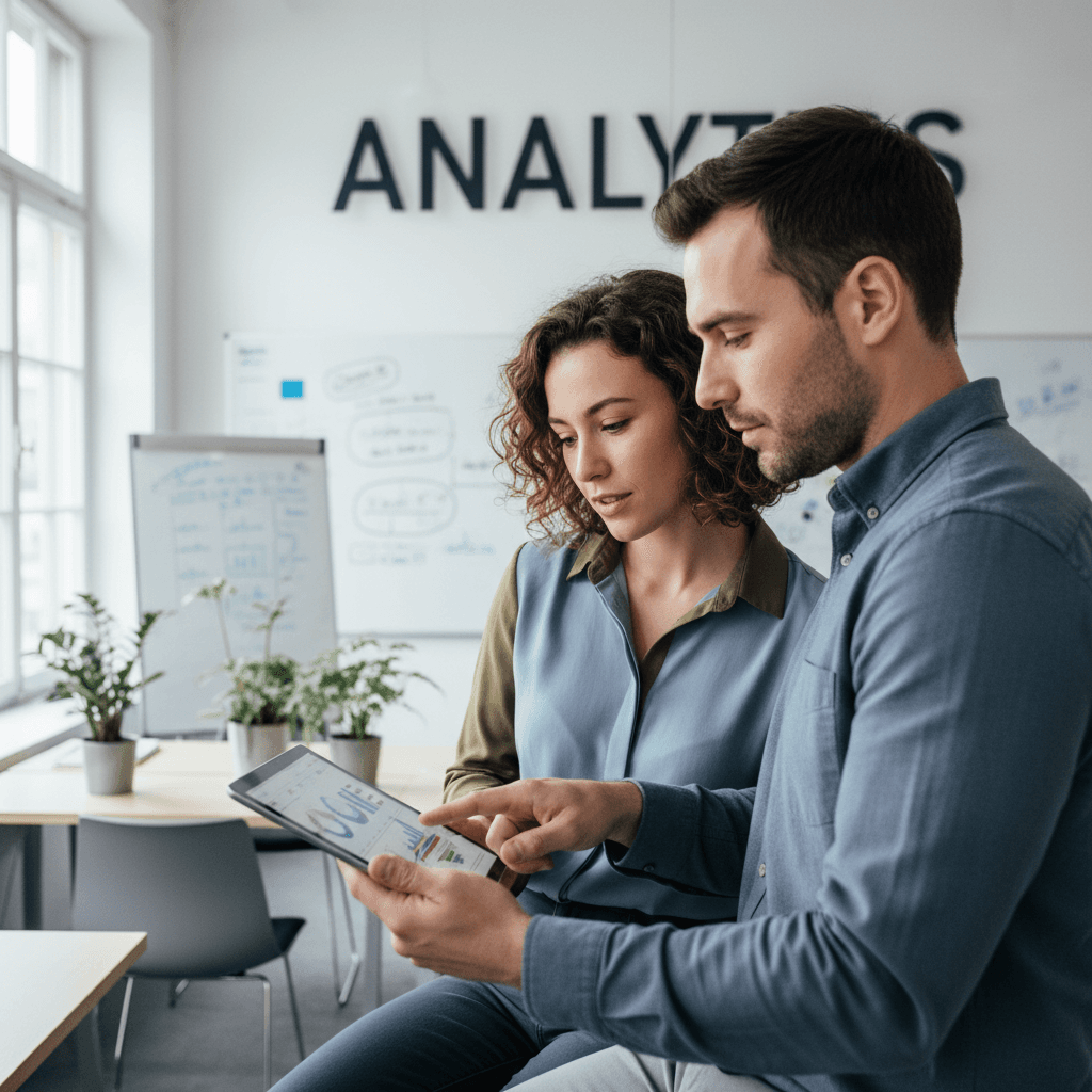 Two people reviewing analytics on a tablet in a bright office
