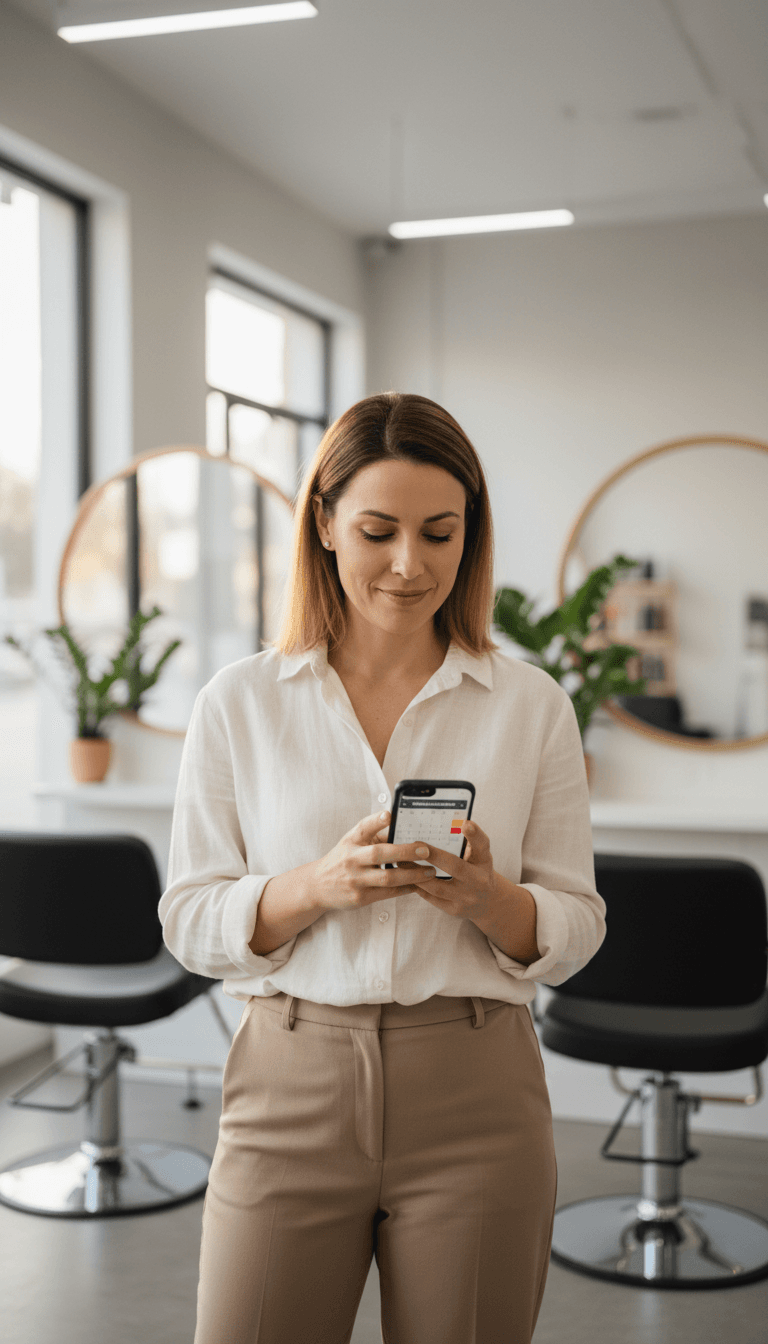 Salon owner checking social media analytics on her phone in her Tennessee salon