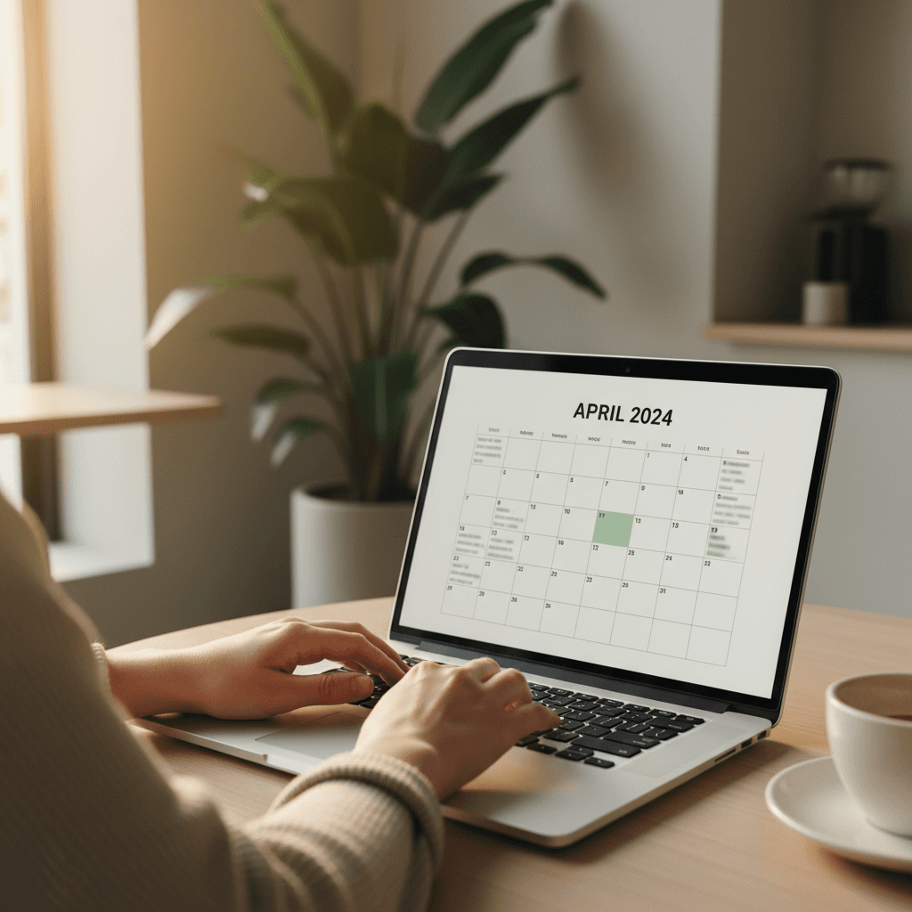 Hands typing on a laptop with a visible calendar grid on screen