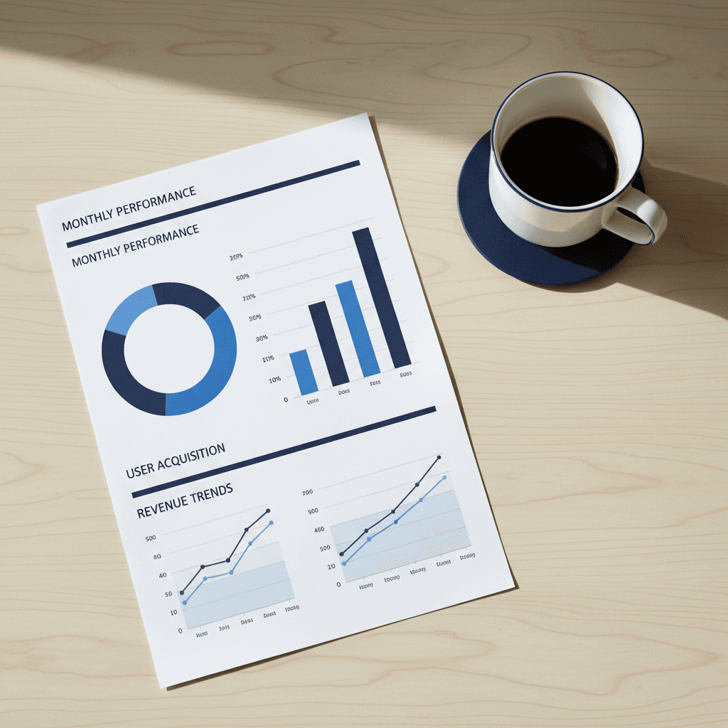 Printed analytics report with charts and graphs on a wooden desk