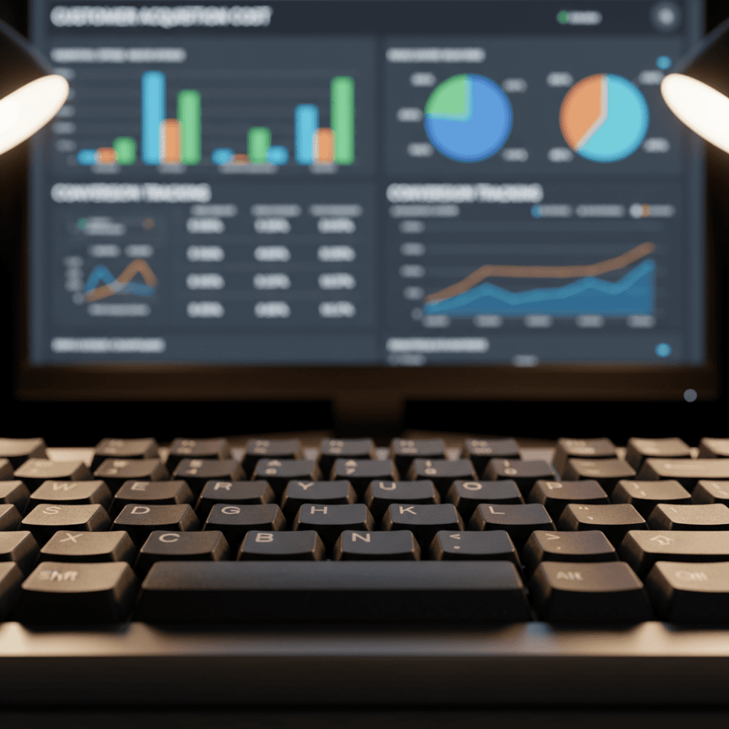 Close-up of computer keyboard with blurred spreadsheet and colorful marketing analytics data visible on monitor screen in background