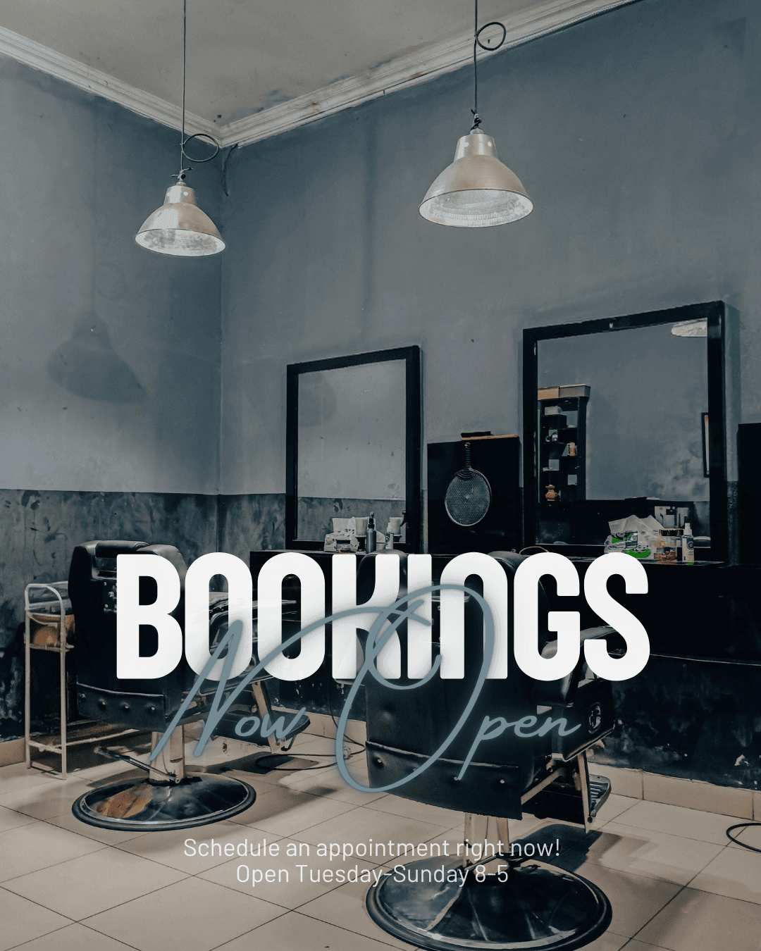 Barbershop interior with black chairs, mirrors, and text 'Bookings Now Open' Tuesday-Sunday 8-5.