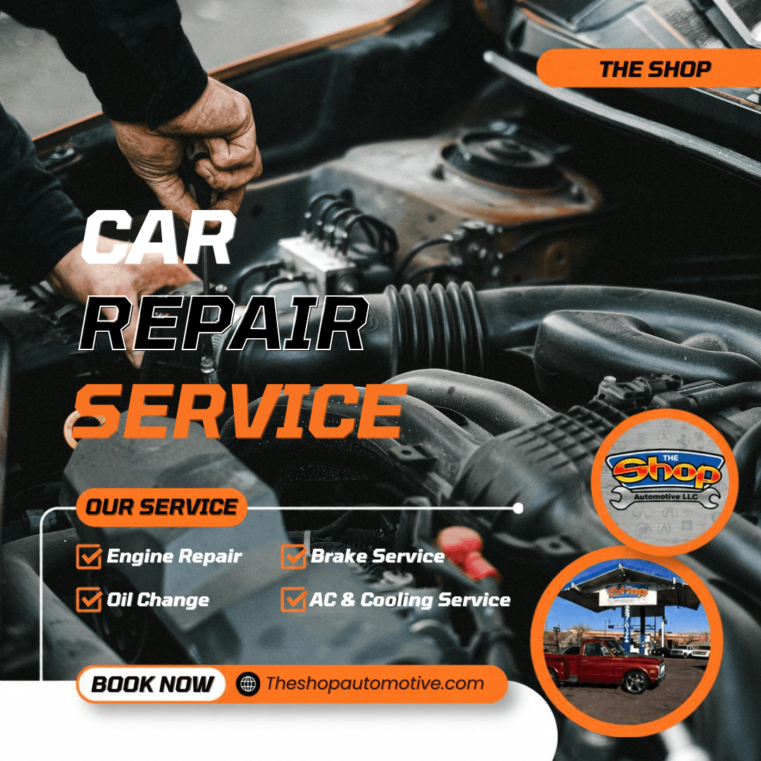 Car repair service advertisement featuring a mechanic working on an engine and listed services.
