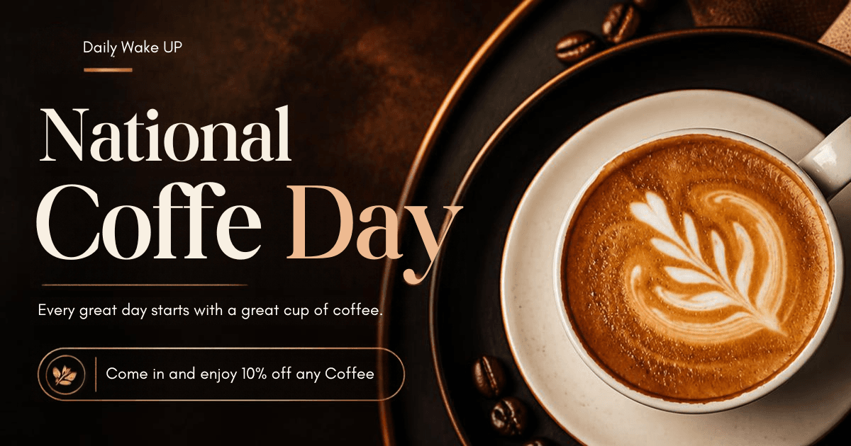 National Coffee Day advertisement showing a latte with leaf art and a discount offer.