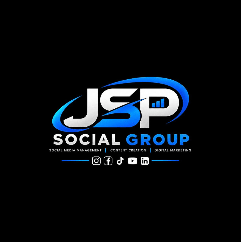 JSP Social Group logo in blue and white with social media icons on black background.